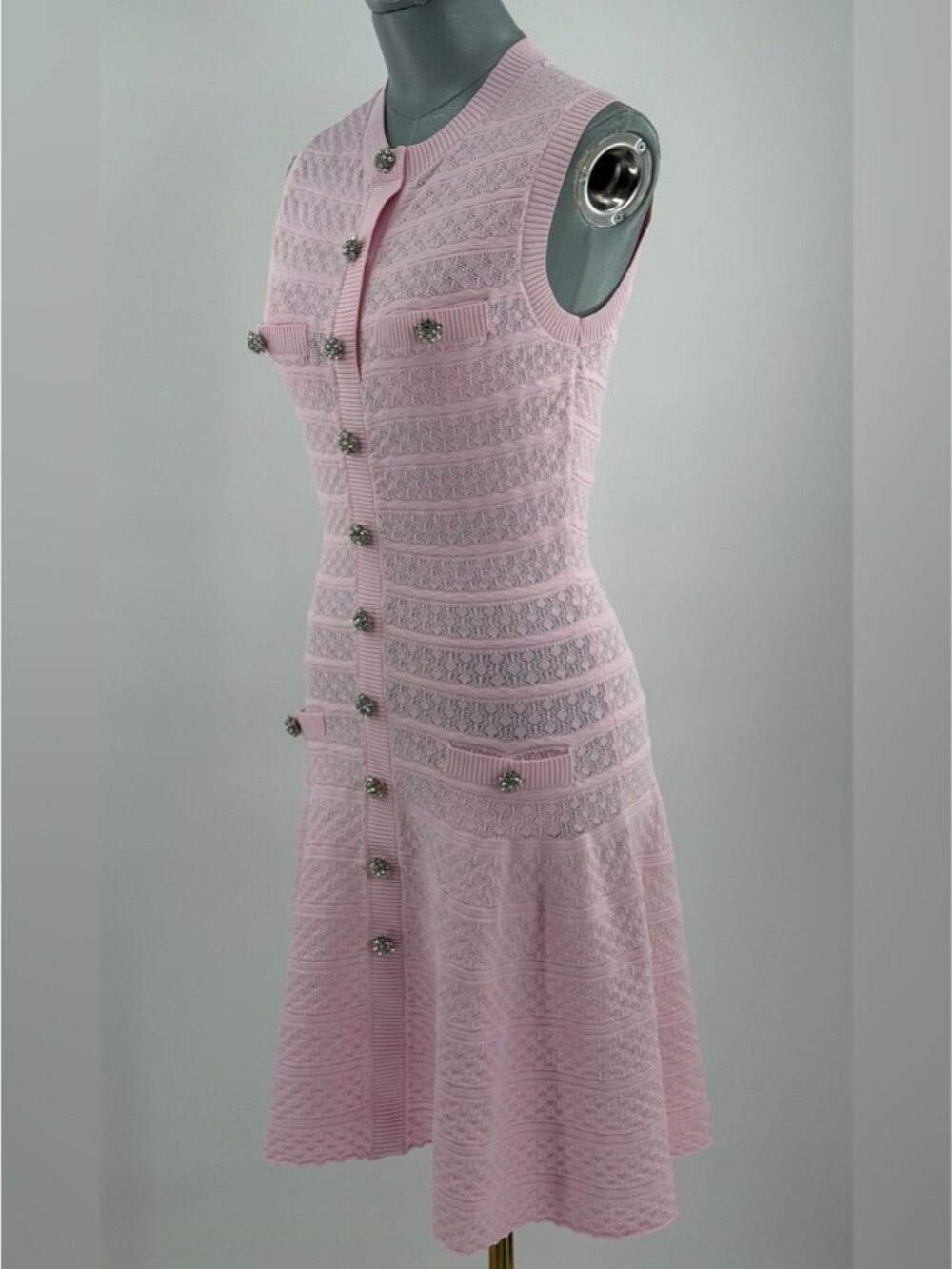 🆕 SELF-PORTRAIT 🧿 NWOT Pink Pointelle Diamante Button Knit Mini Dress, Sz M - Picture 10 of 16